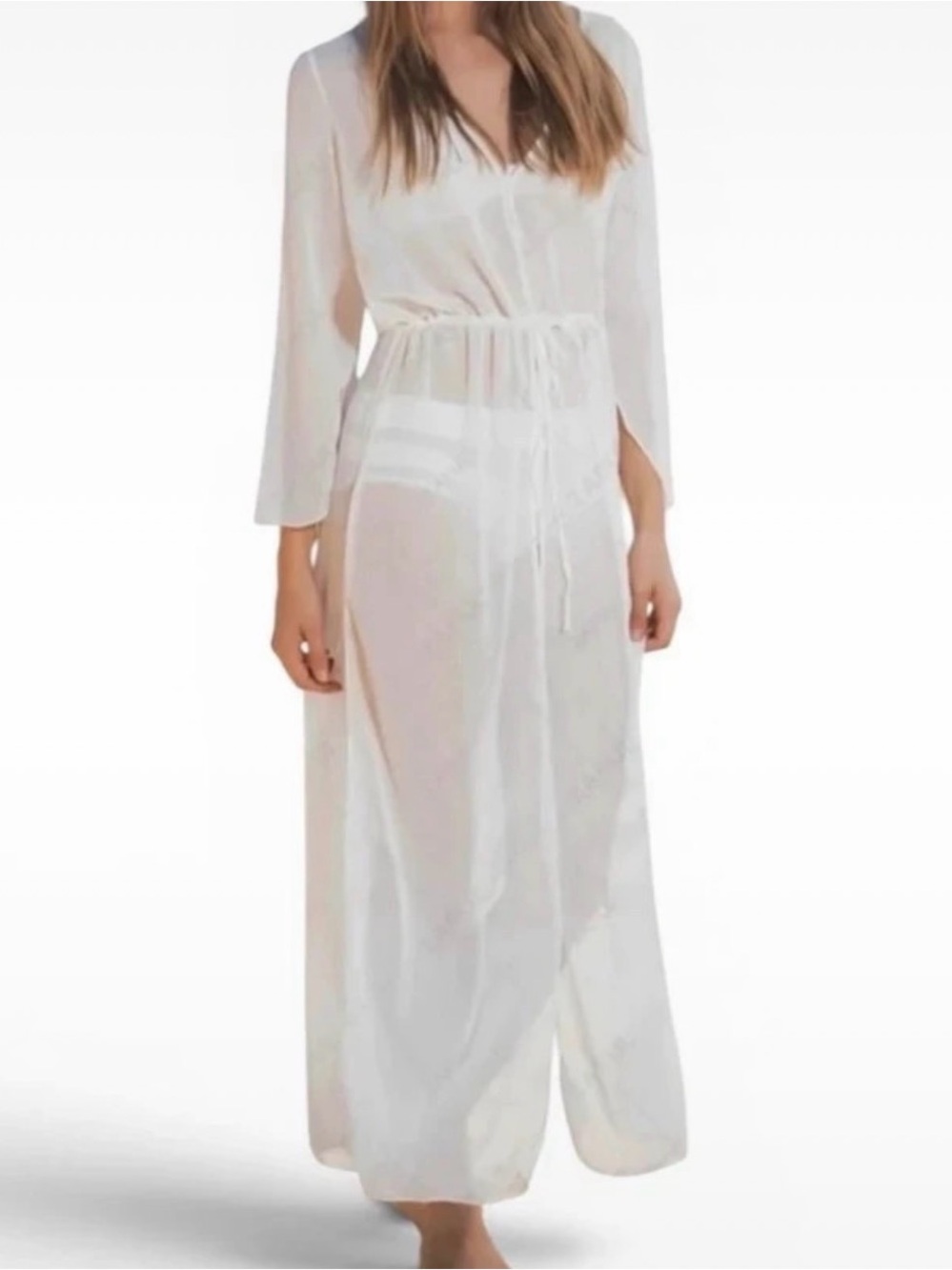 Sheer Mesh Long Cardigan Swim Cover Up White Beach Vacation Poolside Whimsygoth